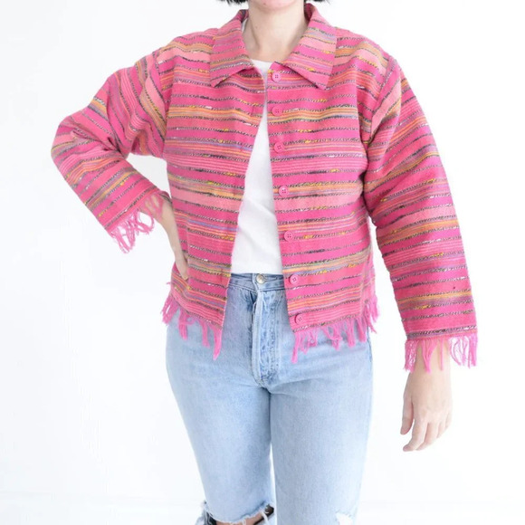 Vintage 90's Silver Stream 100% Cotton Pink Striped Button  Up Textured Jacket S - Picture 2 of 12
